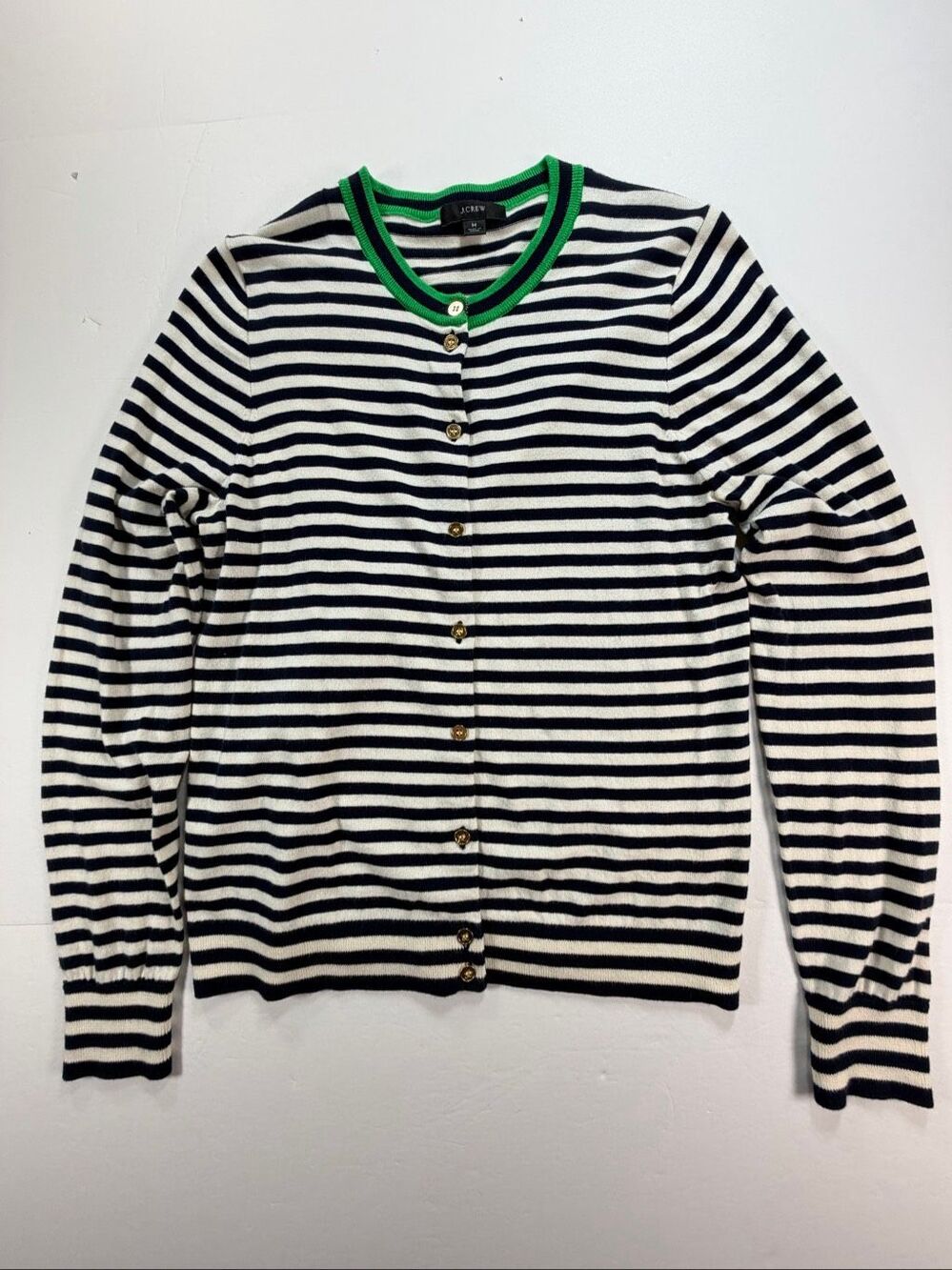 J.Crew Women’s Size M Navy Ivory Striped Cotton Cardigan Green Trim Gold Button